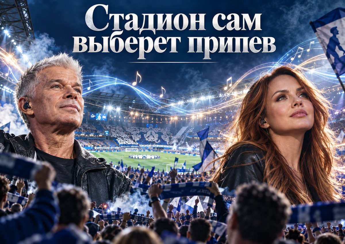 Poster of the essay «The stands will pick the chorus»: a male and a female singer in front of packed stands